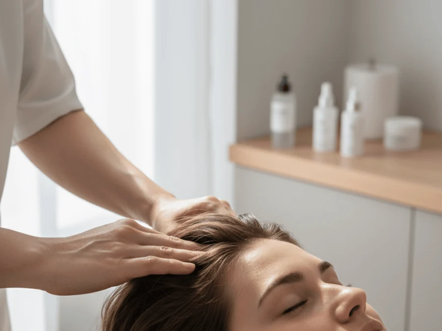 Profissional de tricologia a fazer uma massagem suave do couro cabeludo a uma cliente