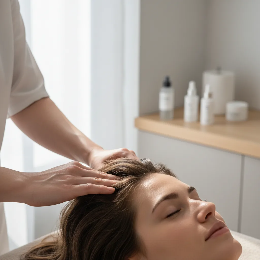 Femeie care primește masaj relaxant la cap la tratament spa
