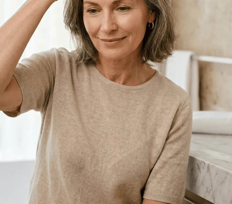 Mulher na menopausa a notar a rarefação capilar na risca