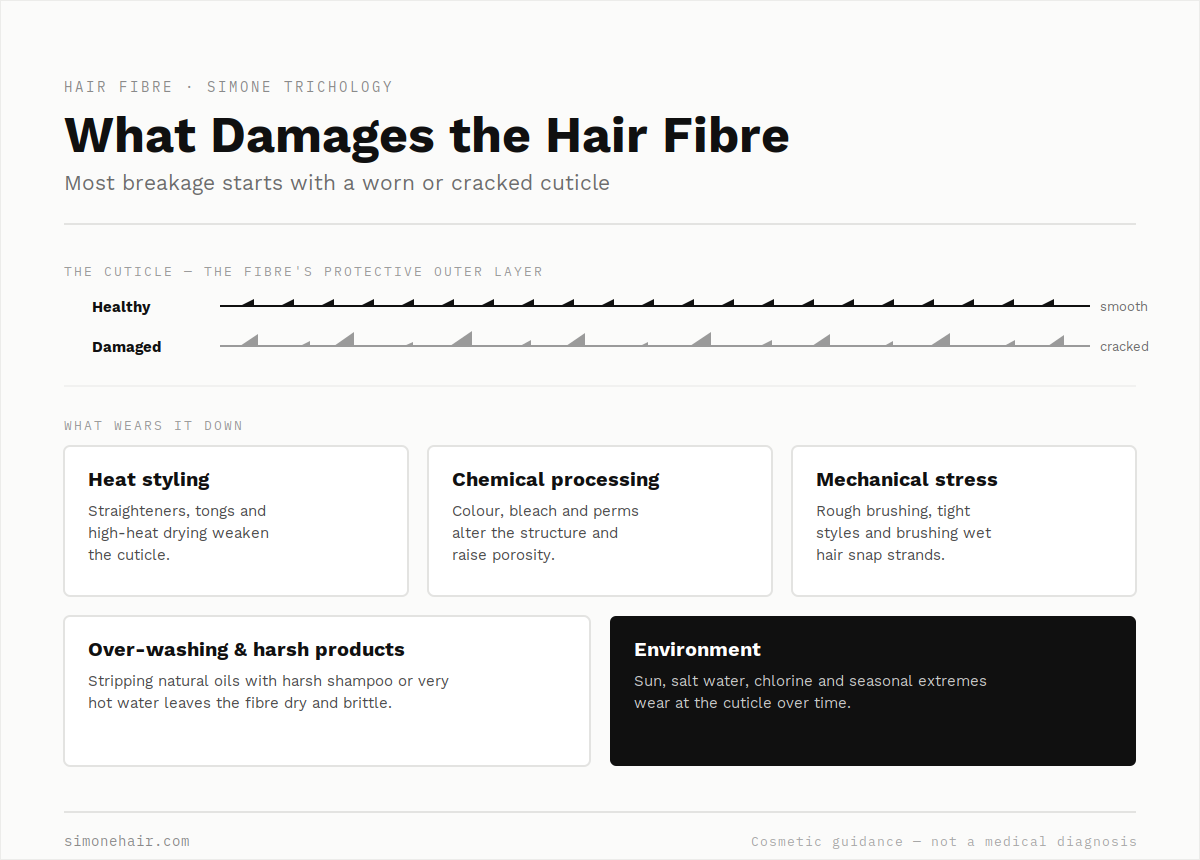 What damages the hair fibre — heat, chemicals, mechanical stress, washing, environment — SIMONE TRICHOLOGY