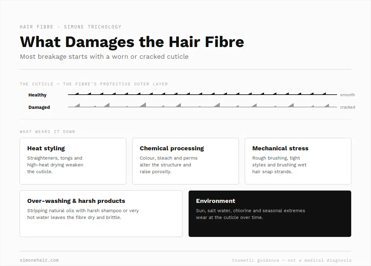 O que danifica a fibra capilar — calor, produtos químicos, estresse mecânico, lavagem, ambiente — SIMONE TRICOLOGIA