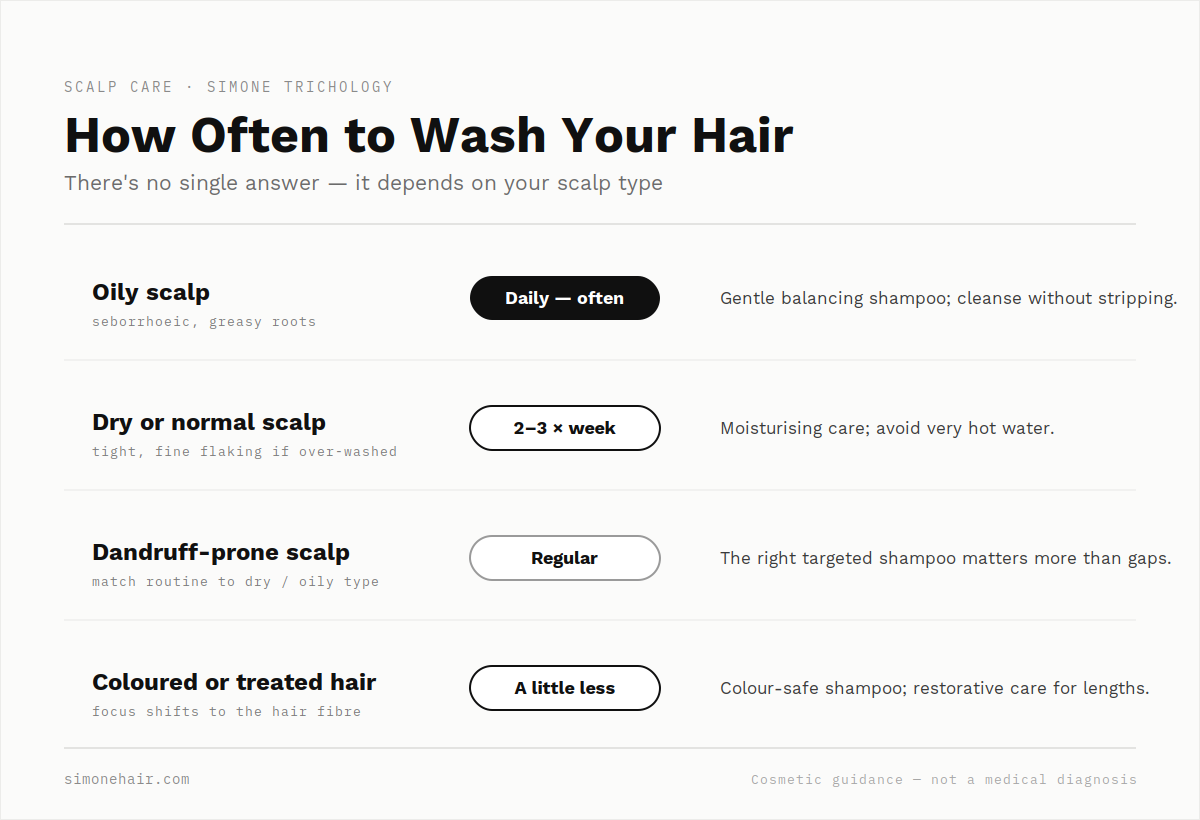 How often to wash your hair by scalp type — oily, dry, dandruff-prone, coloured — SIMONE TRICHOLOGY