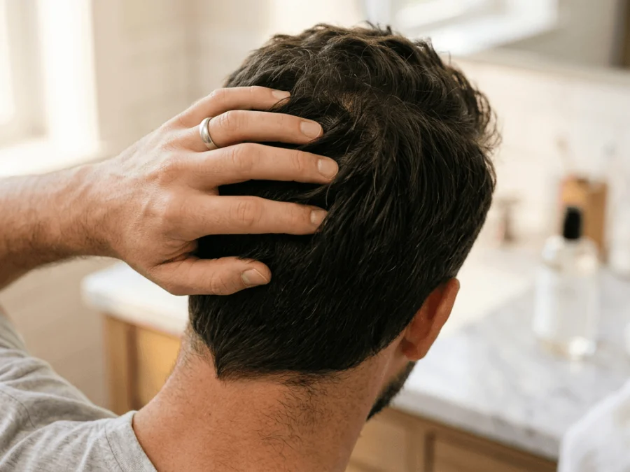 Homem a passar os dedos pelo cabelo limpo e saudável — o microbioma do couro cabeludo