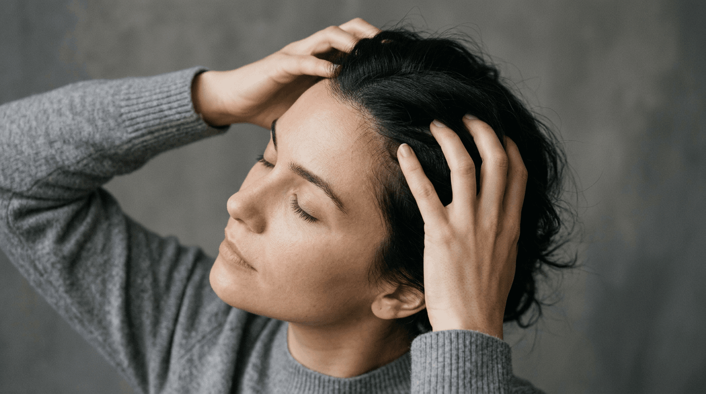 Woman massaging her scalp with both hands eyes closed