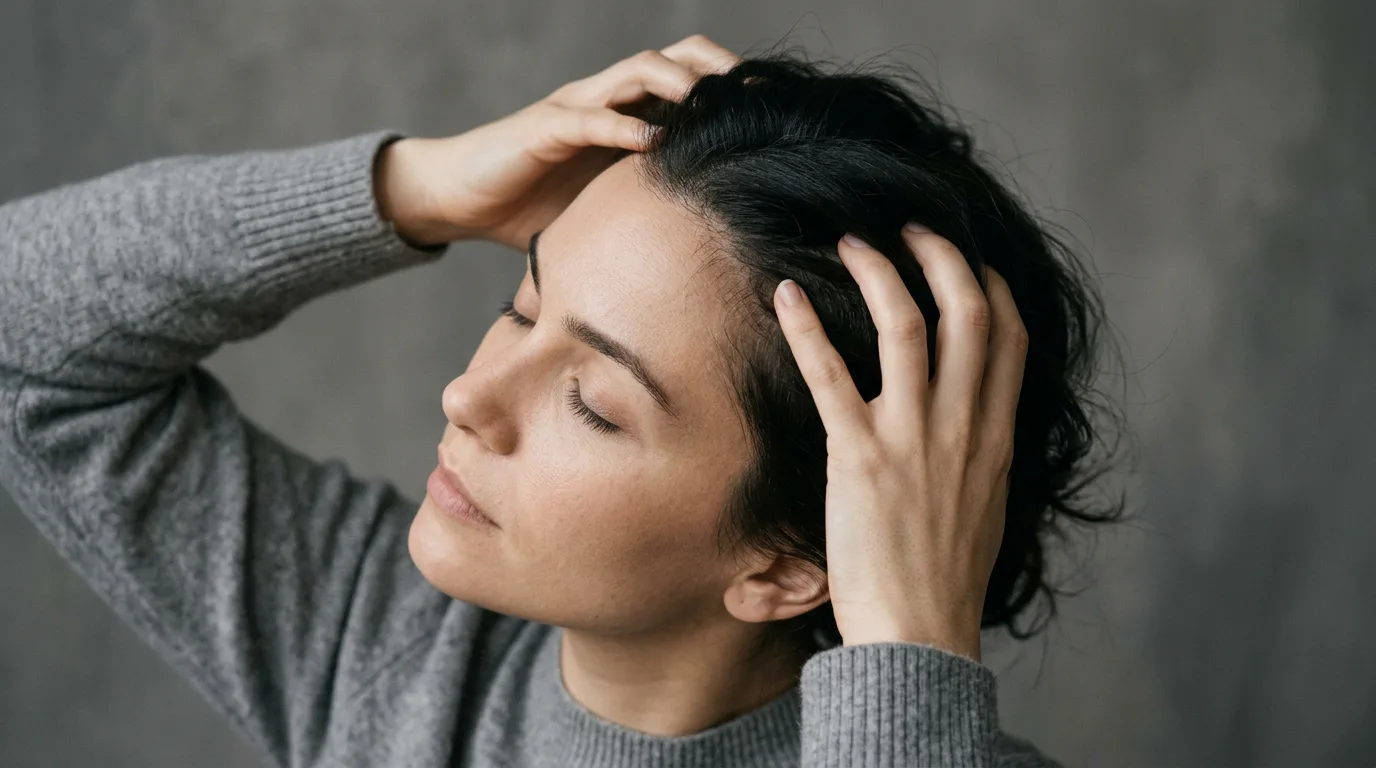 Woman massaging her scalp with both hands eyes closed