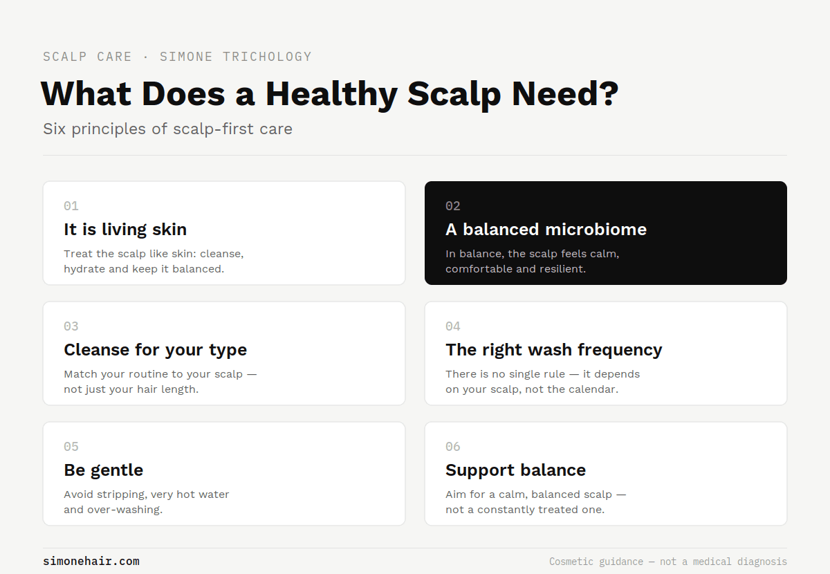 Six principles of healthy scalp care infographic by Simone Trichology