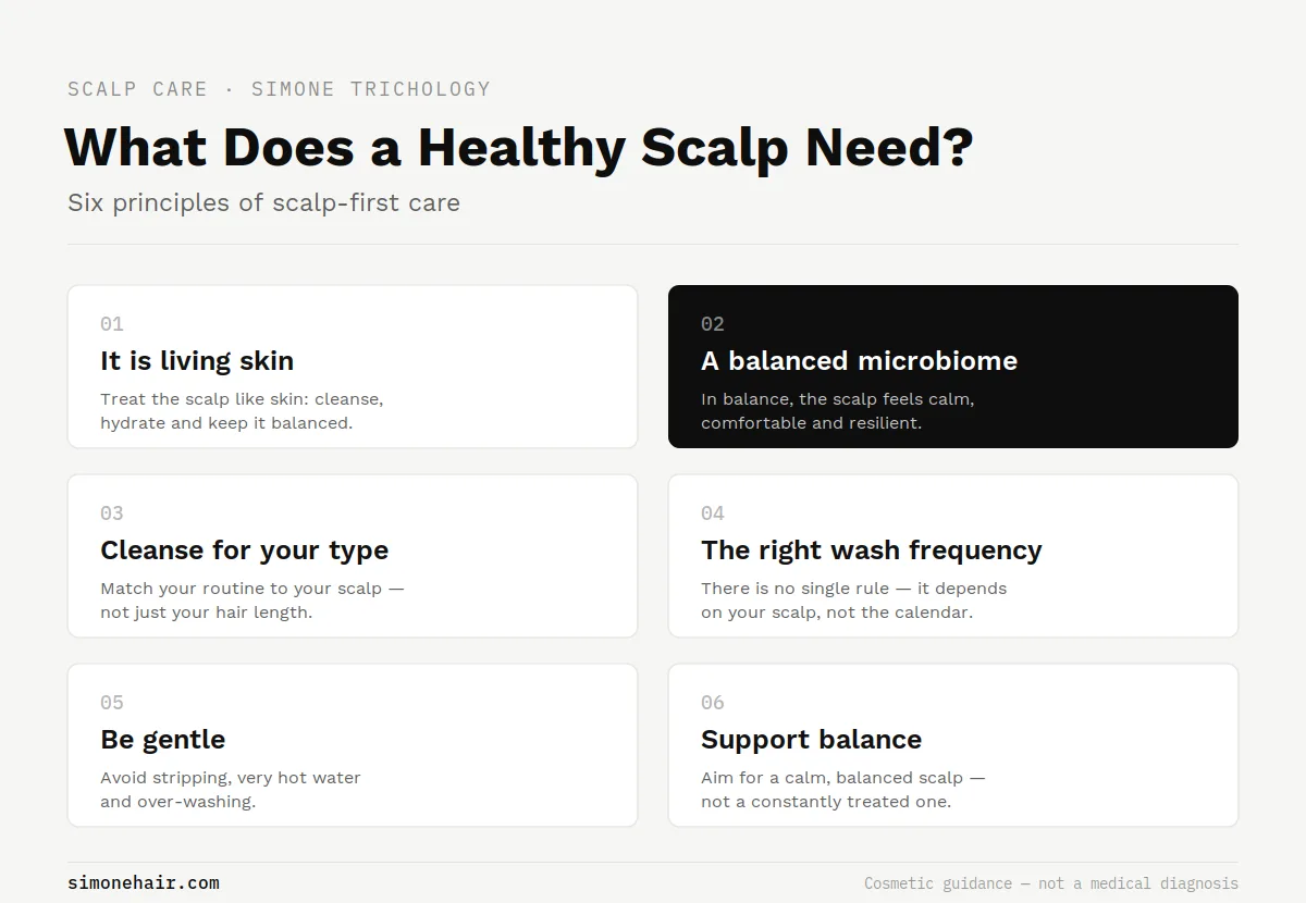 Six principles of healthy scalp care infographic by Simone Trichology