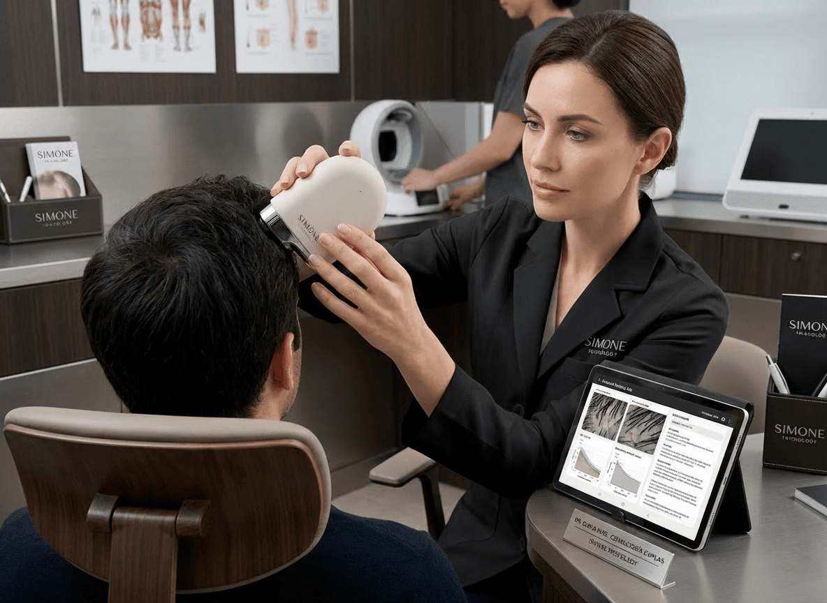 Análise do couro cabeludo com IA com o scanner Simone AI Hair Clinic durante uma consulta profissional de tricologia