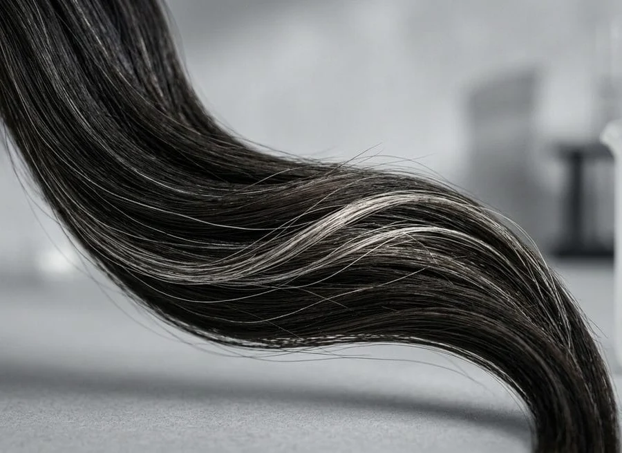 Healthy dark hair with a few natural silver strands — how hair ages