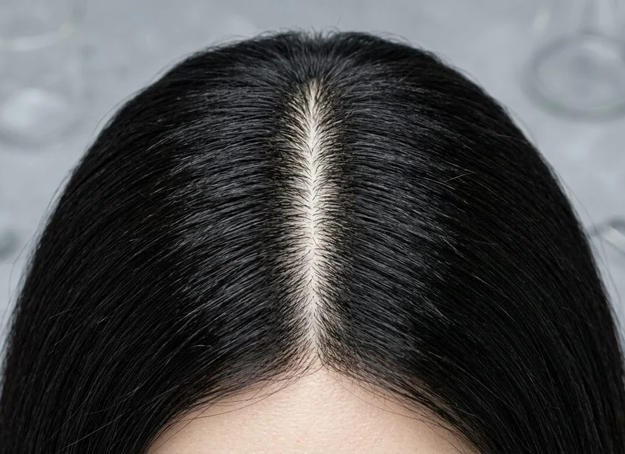 Healthy scalp parting with dense dark hair — scalp longevity