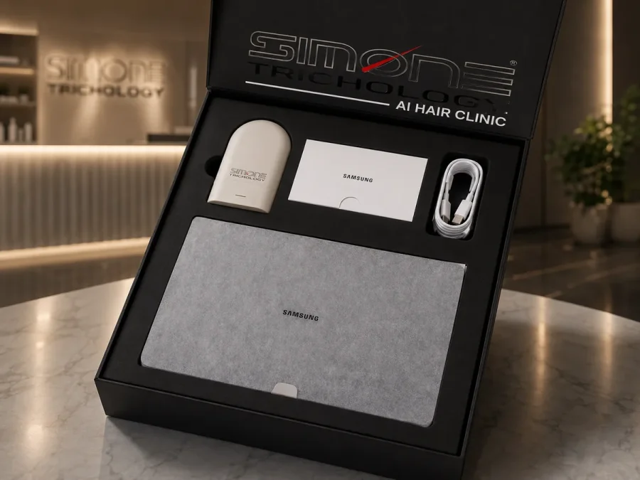 Kit Simone AI Hair Clinic aberto — scanner capilar com IA, tablet e base UV-C