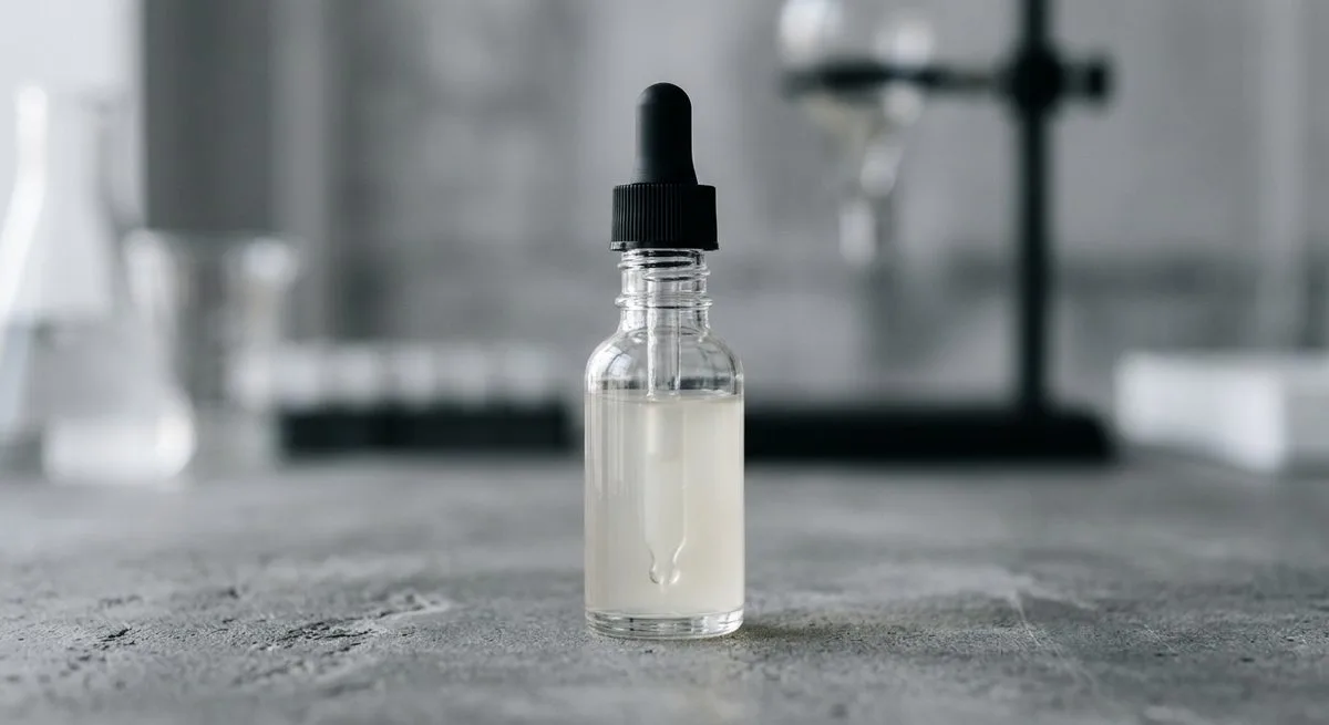 Glass dropper with a drop of hair serum on gray, trichoceuticals vs dermocosmetics