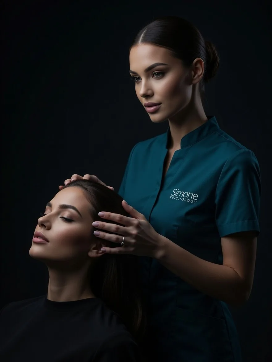 SIMONE TRICHOLOGY specialist performing a scalp treatment on a client