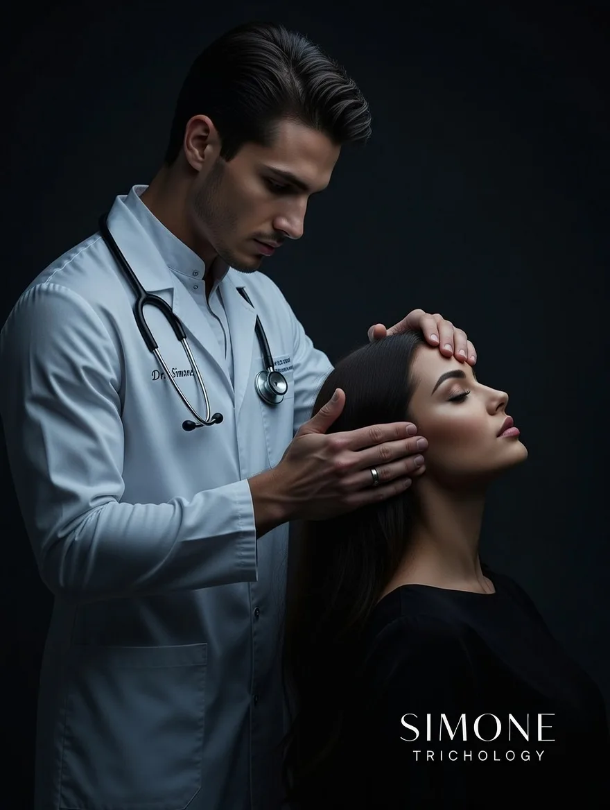 Trichologist examining a female patient's hair and scalp