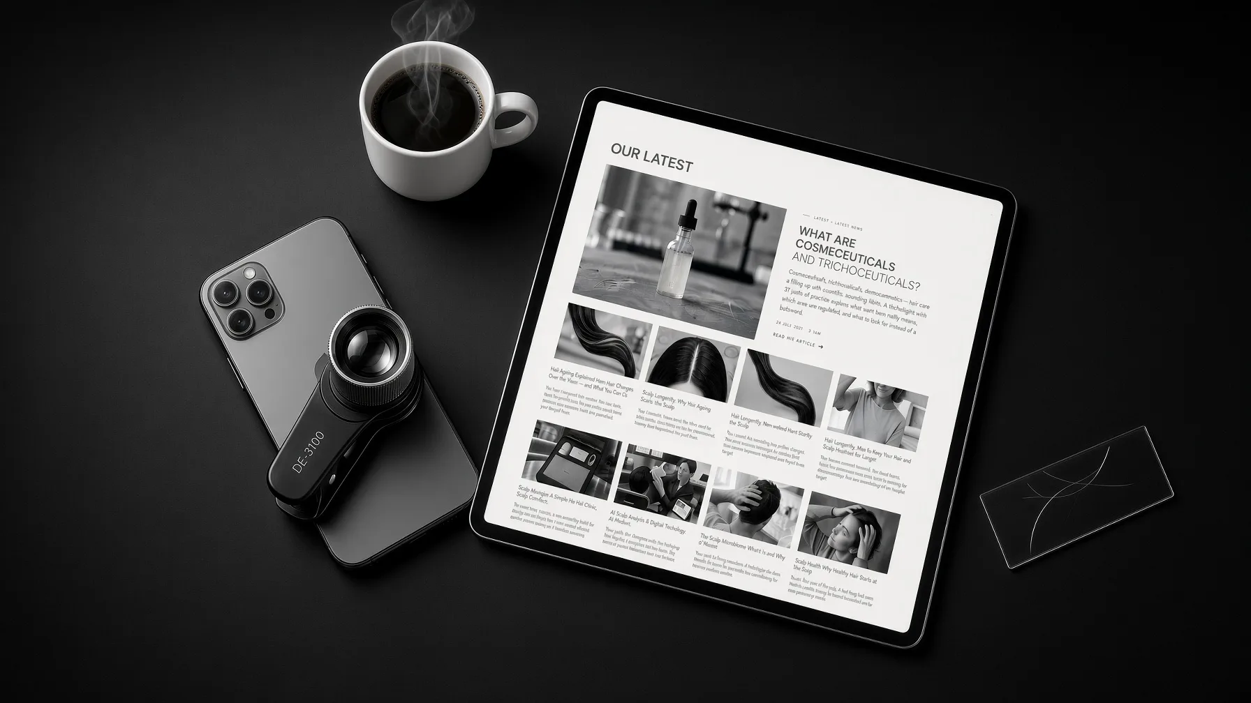Tablet showing a hair care blog next to coffee and a smartphone