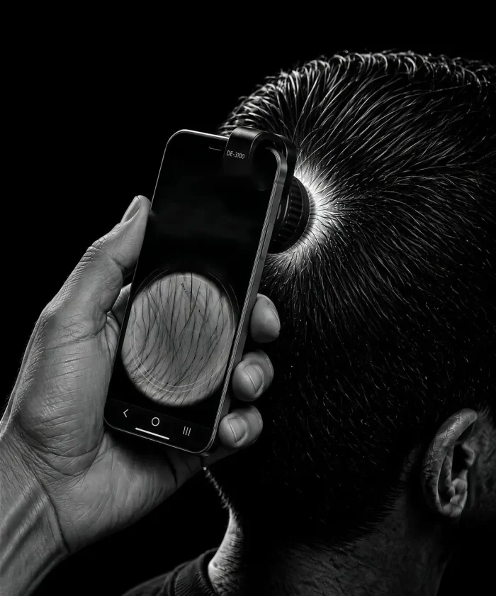 Phone with a dermatoscope attached showing a trichoscopy image of a man's scalp