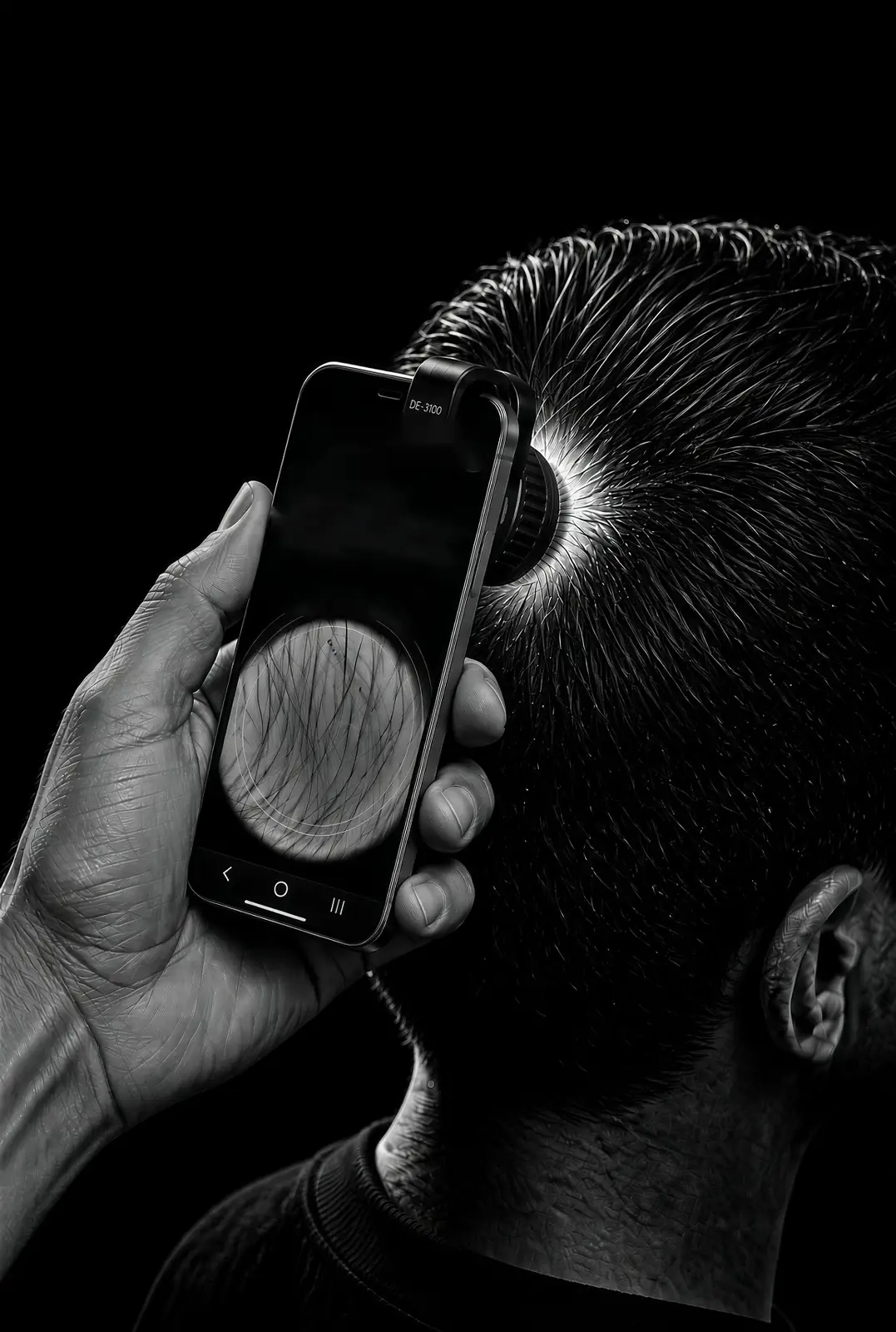 Phone with a dermatoscope attached showing a trichoscopy image of a man's scalp