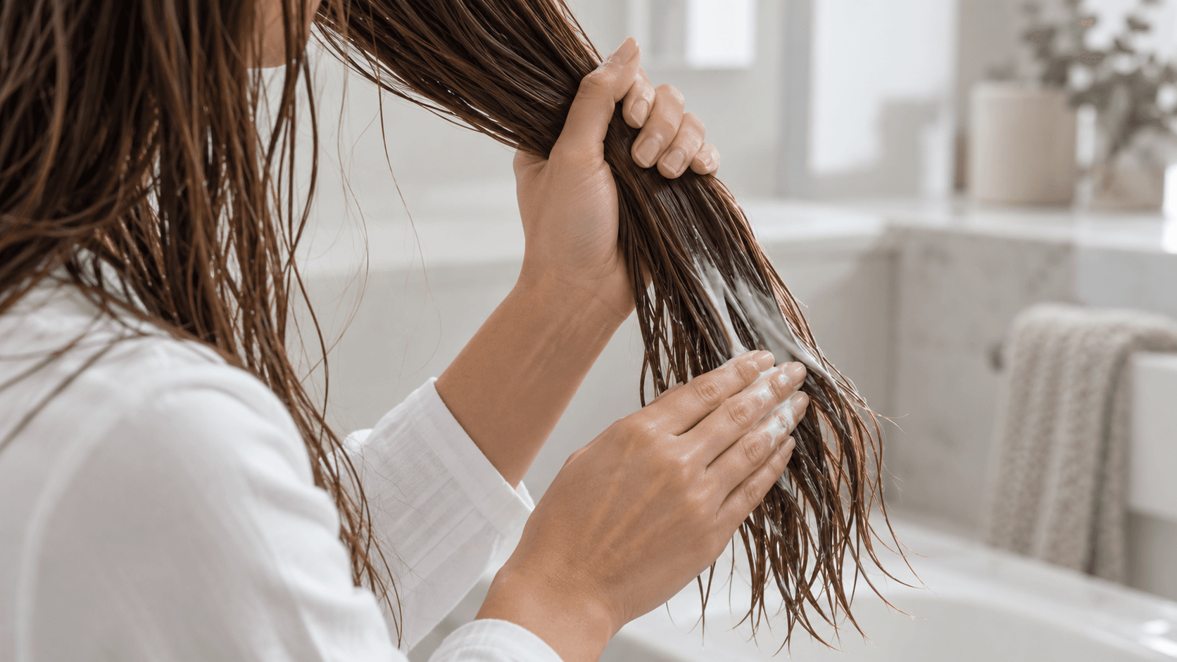 Hands applying conditioner to the lengths and ends of damp brown hair only, the roots and scalp kept clean and untouched — the right gesture for greasy roots and dry ends — SIMONE TRICHOLOGY