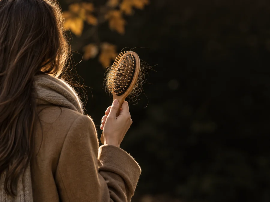 Autumn hair loss: woman in a camel coat and knitted scarf, seen from behind, holding a wooden brush with shed hairs caught in the bristles, golden autumn light — SIMONE TRICHOLOGY