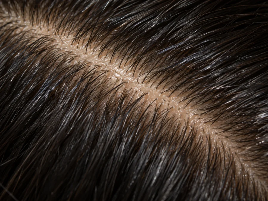 Oily scalp (seborrhoea): close-up of a straight parting in dark hair with a visible sebum shine on the skin and flat, glossy roots clumped into greasy strands; no flakes, no redness — SIMONE TRICHOLOGY