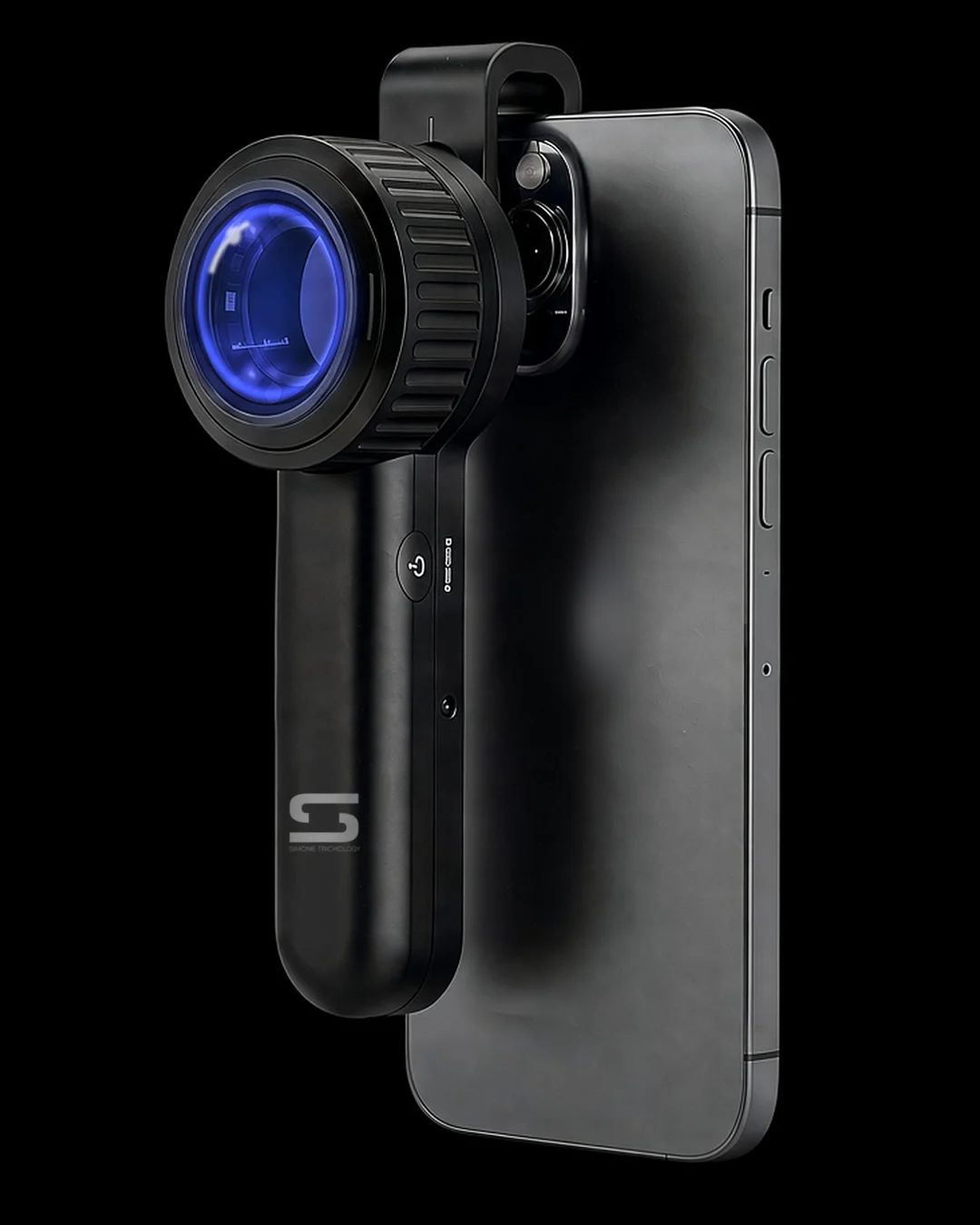 SIMONE PRO DE-3100 dermatoscope clipped onto a smartphone camera