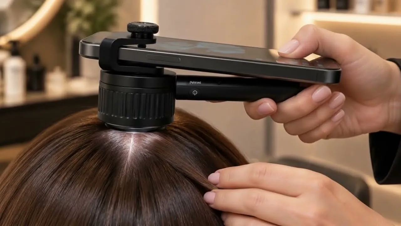 A hair professional places a compatible dermatoscope on a client's scalp