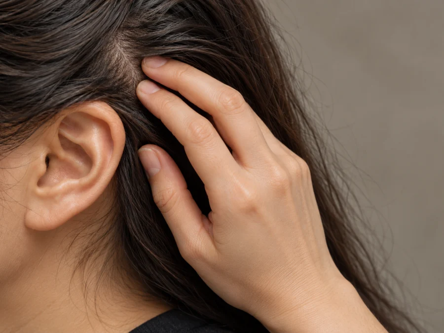 Itchy scalp: close-up from the side of a woman with dark hair, face out of frame, fingertips gently pressed against the scalp just above the ear, scalp clean with no flakes or redness — SIMONE TRICHOLOGY