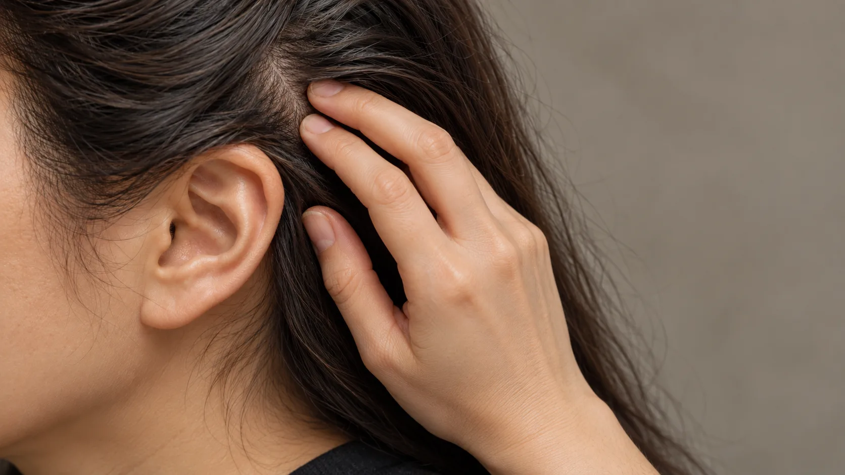 Itchy scalp: dark-haired woman pressing her fingertips to her scalp near the ear